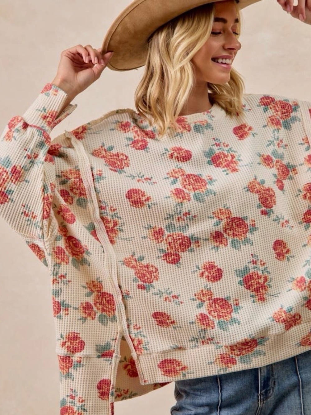 Floral Cream Waffle-Knit Pullover Sweatshirt